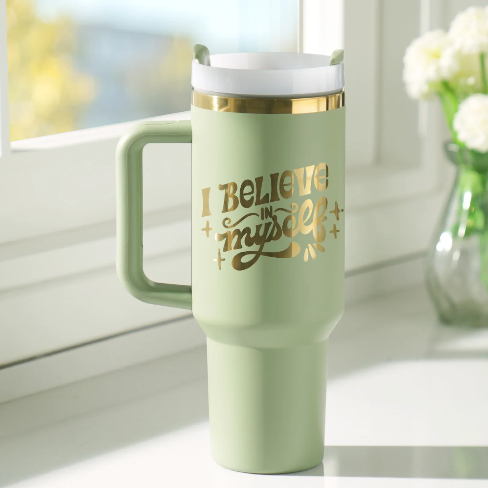 Army Green to Gold Stainless Steel Tumbler with Removable Handle (40oz) - Image 2