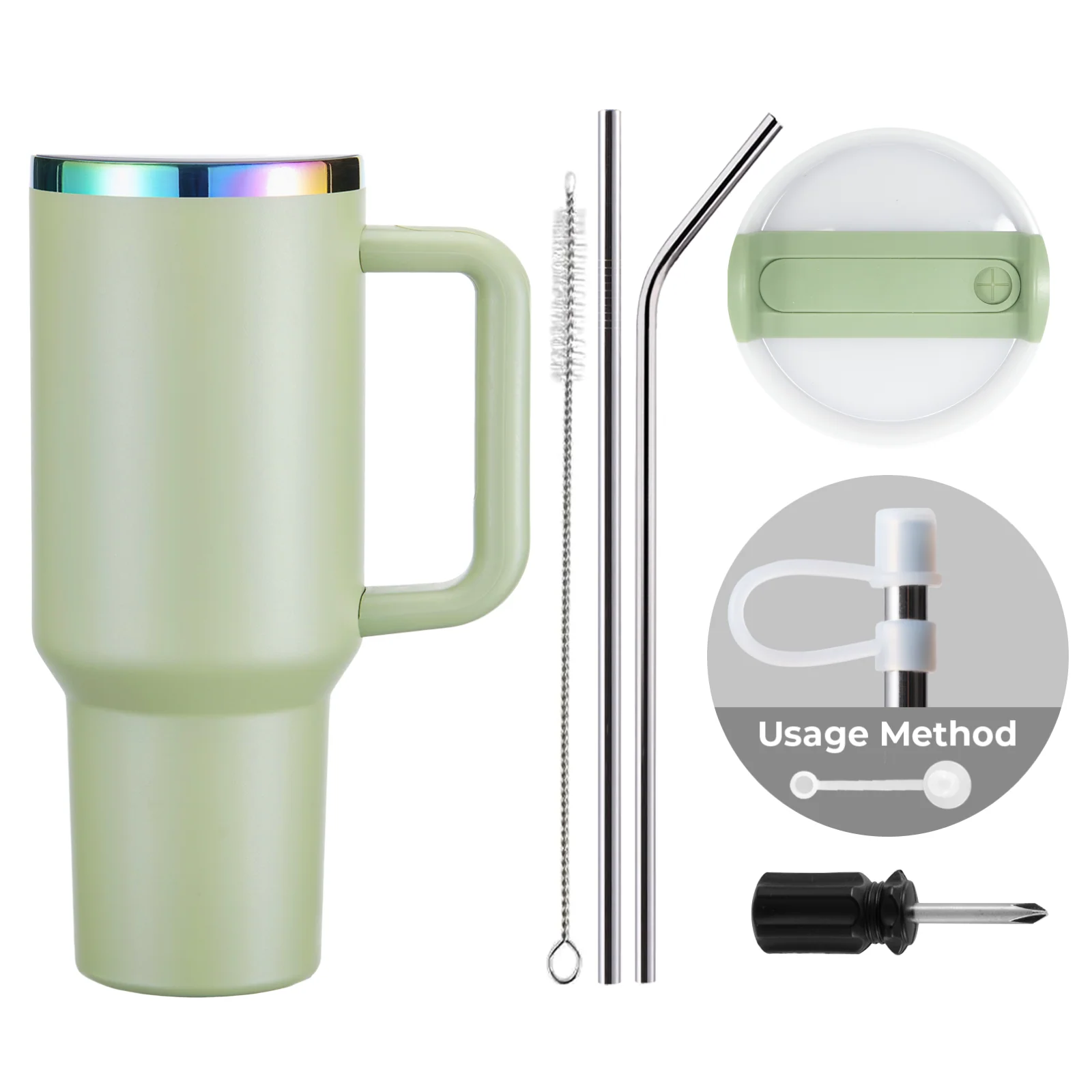 Army Green to Iridescent Stainless Steel Tumbler with Removable Handle (40oz) - Image 3