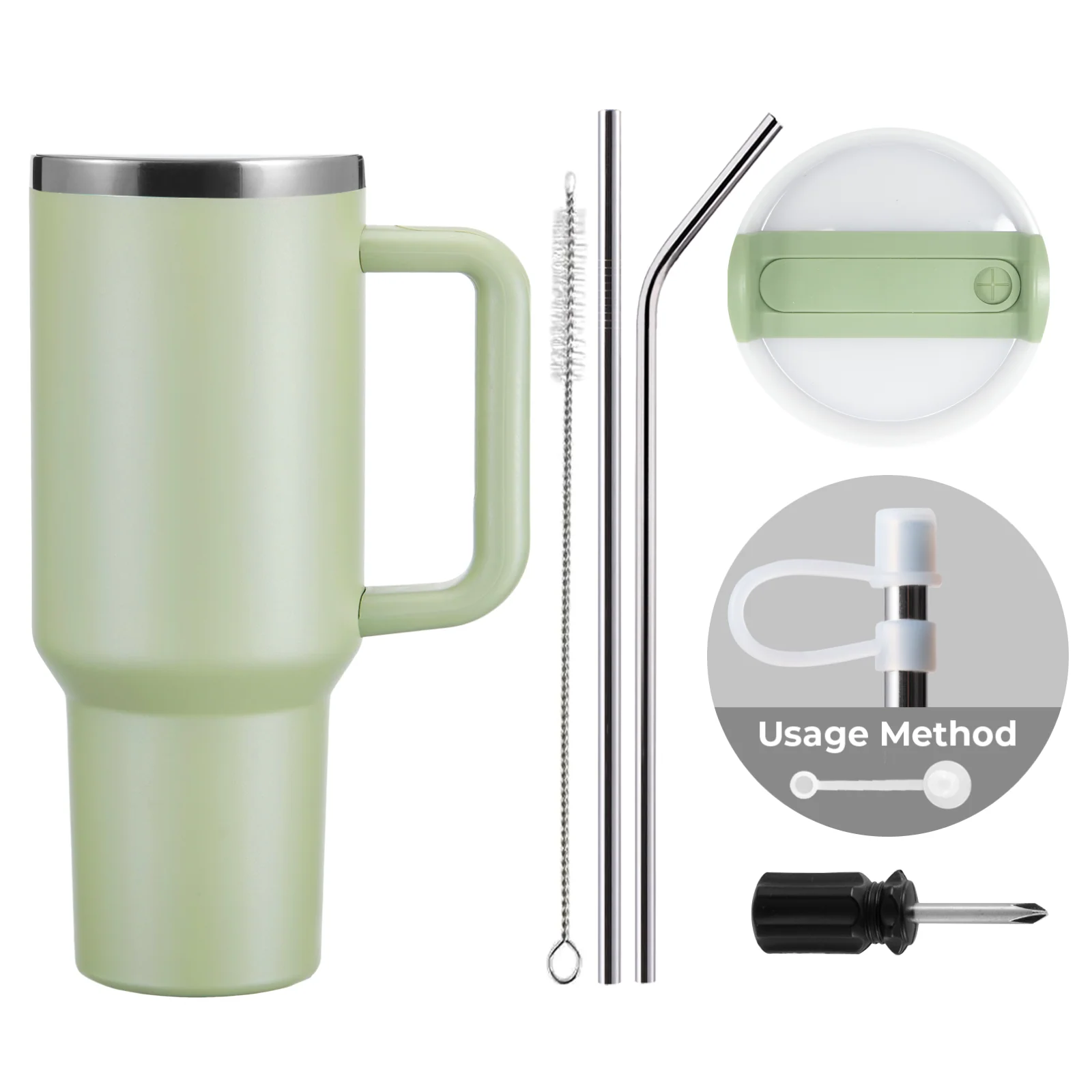 Army Green to Silver Stainless Steel Tumbler with Removable Handle (40oz) - Image 3