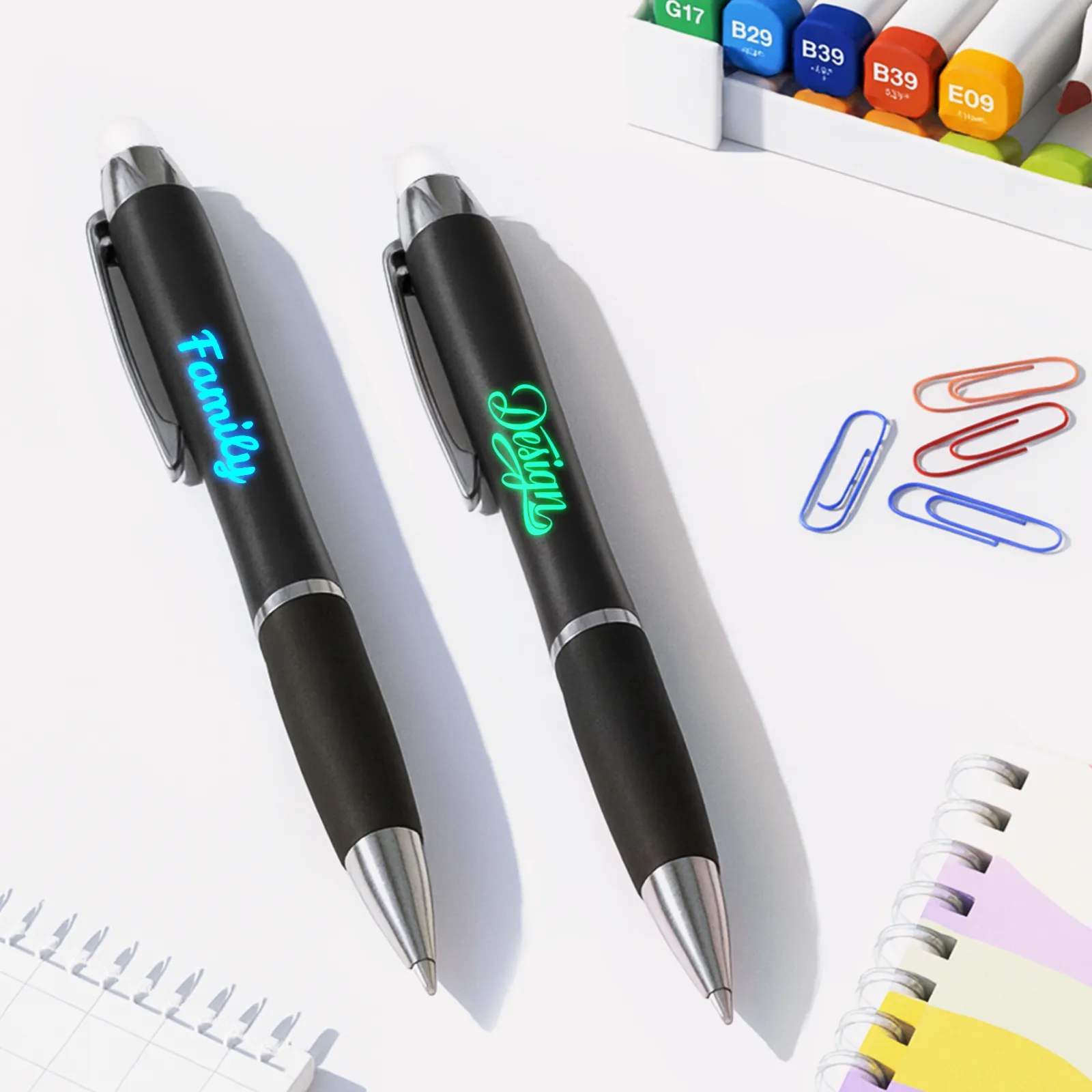 Black Stylus Ballpoint Pens with Multicolored LED Lights (10pcs) - Image 2