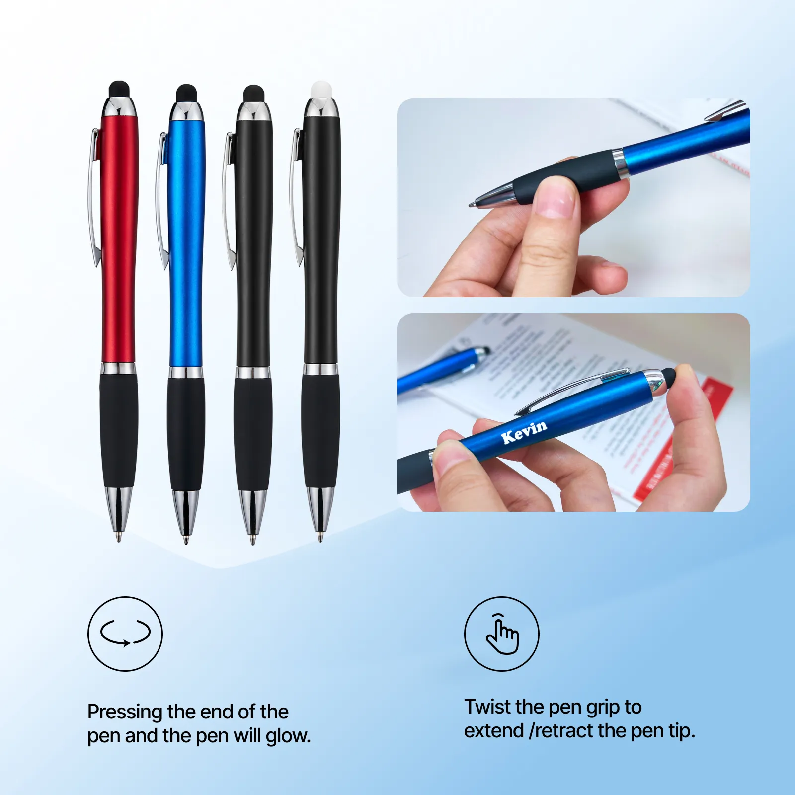 Black Stylus Ballpoint Pens with Multicolored LED Lights (10pcs) - Image 4