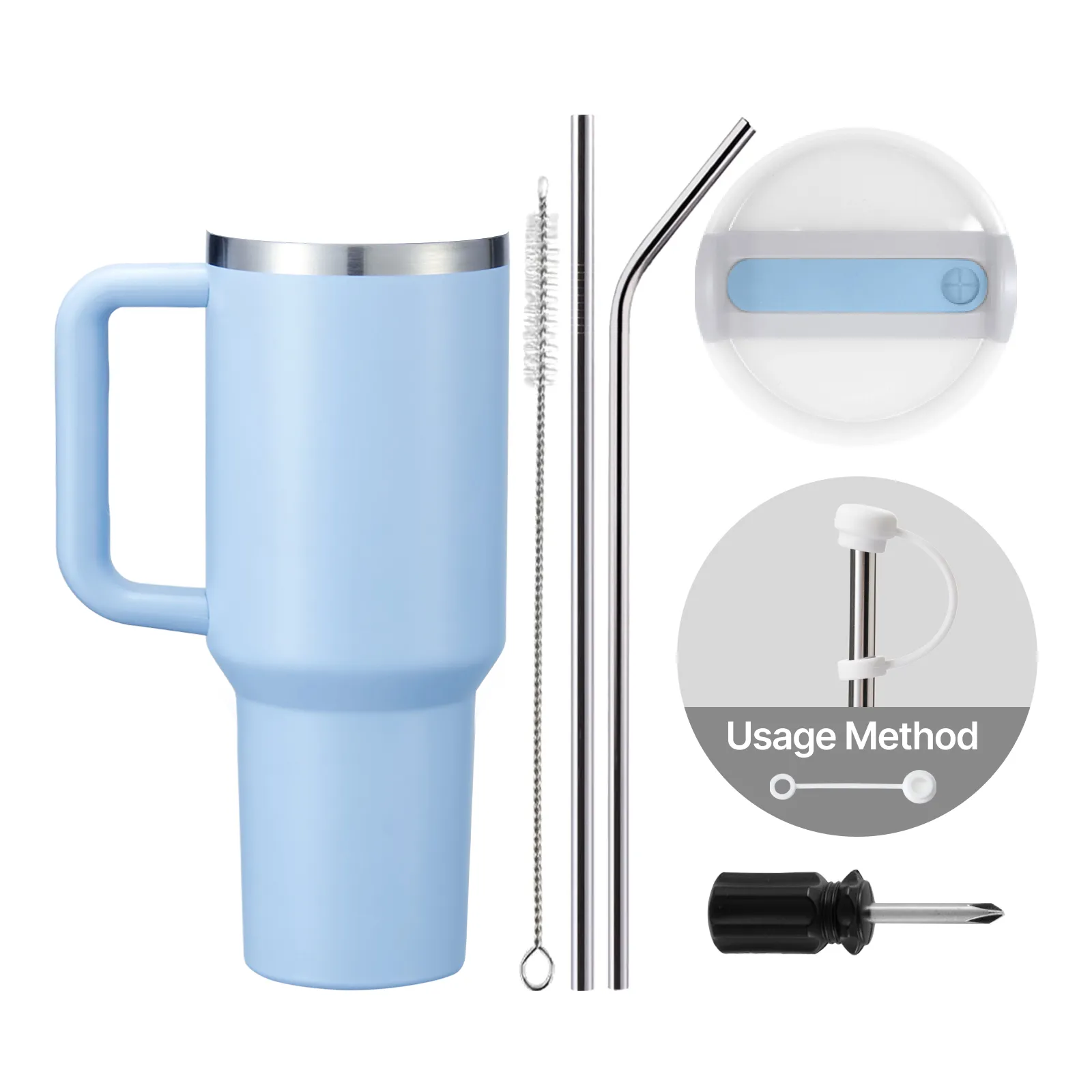 Pastel Blue to Silver Glow in the Dark Stainless Steel Tumbler with Removable Handle (40oz) - Image 5