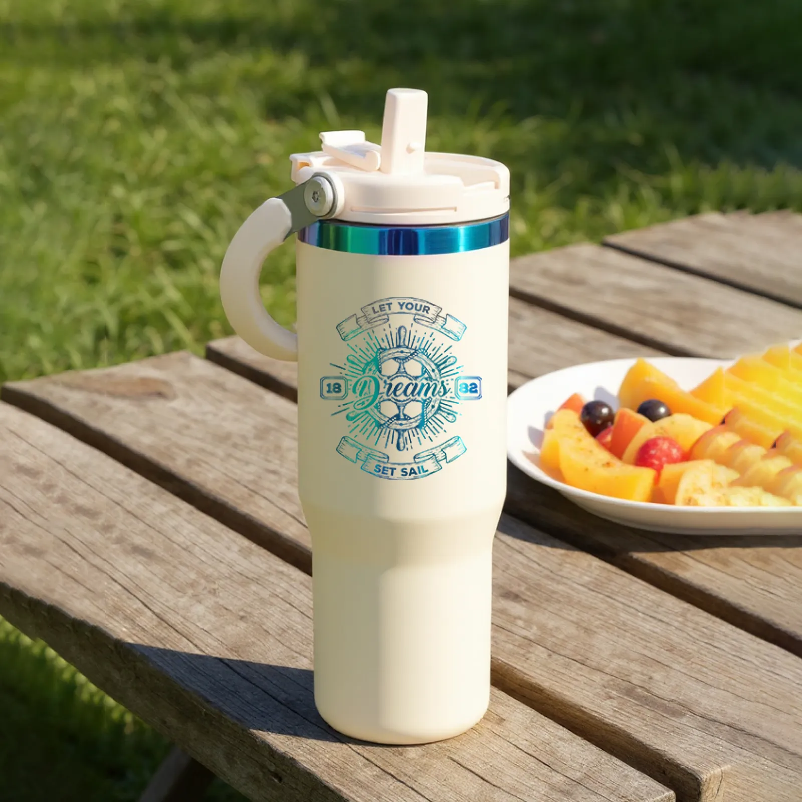Cream White to Iridescent Stainless Steel Tumbler with Handle and Straw (0,9 L) - Image 2