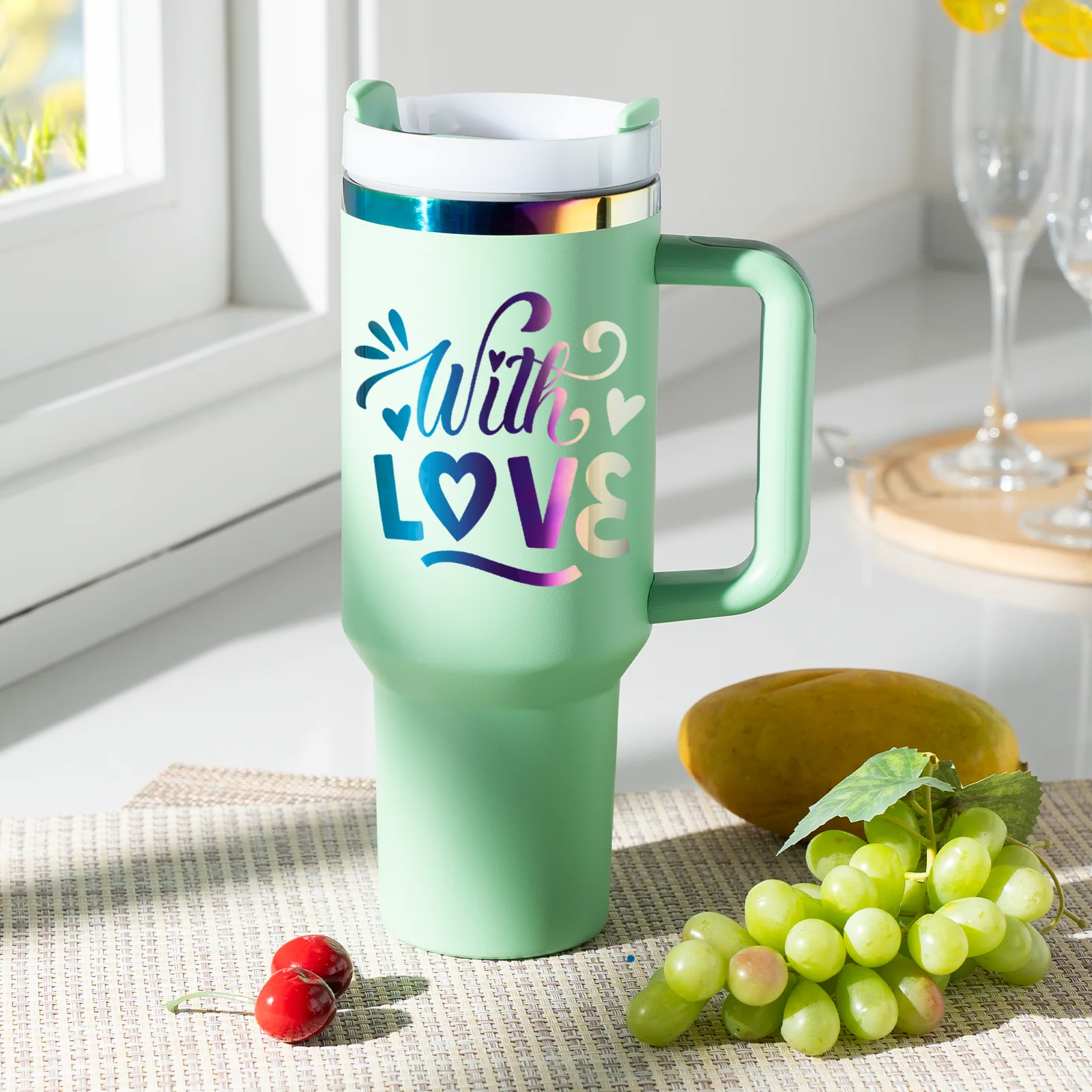 Green to Iridescent Stainless Steel Tumbler with Removable Handle (40oz) - Image 2