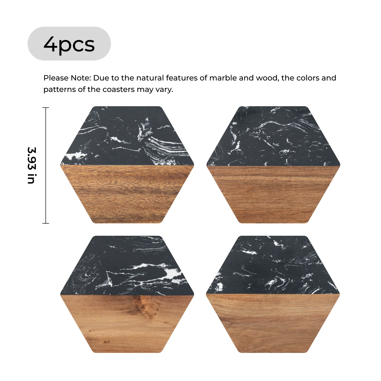 Hexagon Black Marble and Wood Coasters (4pcs) - Image 3