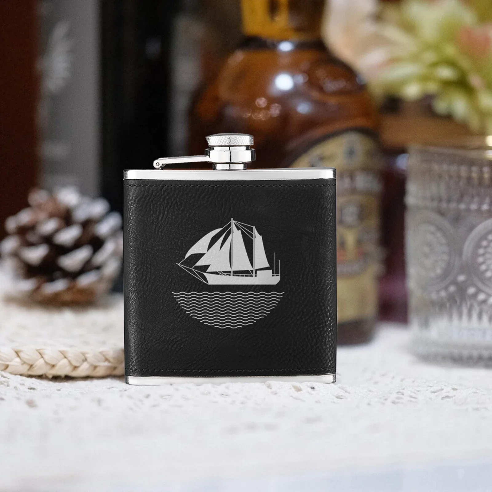 Black to Silver Laserable PU Stainless Steel Hip Flask (6oz) - Image 2