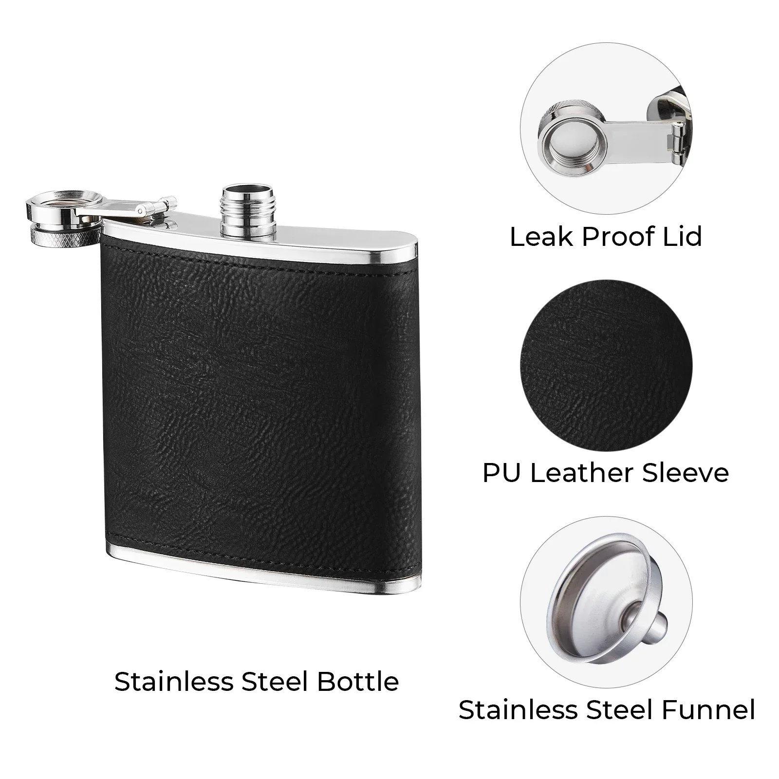 Black to Silver Laserable PU Stainless Steel Hip Flask (6oz) - Image 4