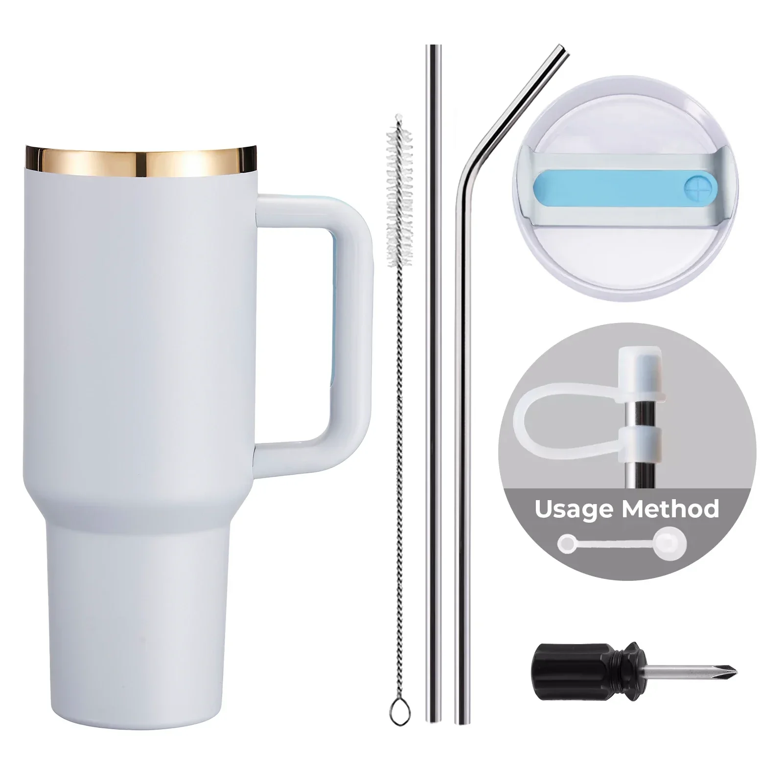 Light Blue Grey to Gold Stainless Steel Tumbler with Removable Handle (40oz) - Image 3