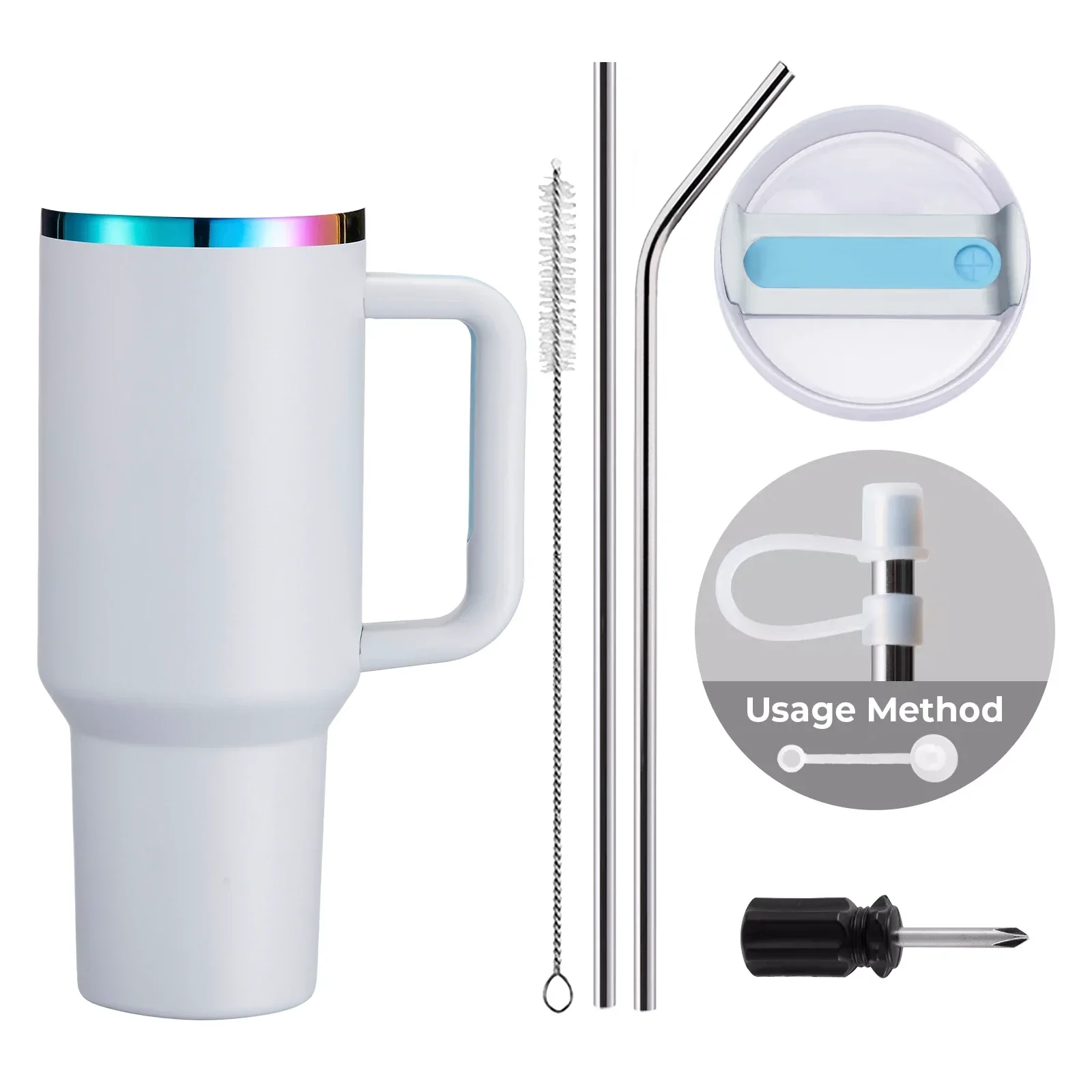 Light Blue Grey to Iridescent Stainless Steel Tumbler with Removable Handle (40oz) - Image 3