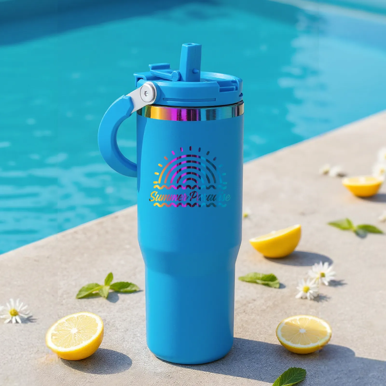 Deep Blue to Iridescent Stainless Steel Tumbler with Handle and Straw (0,89 L) - Image 2