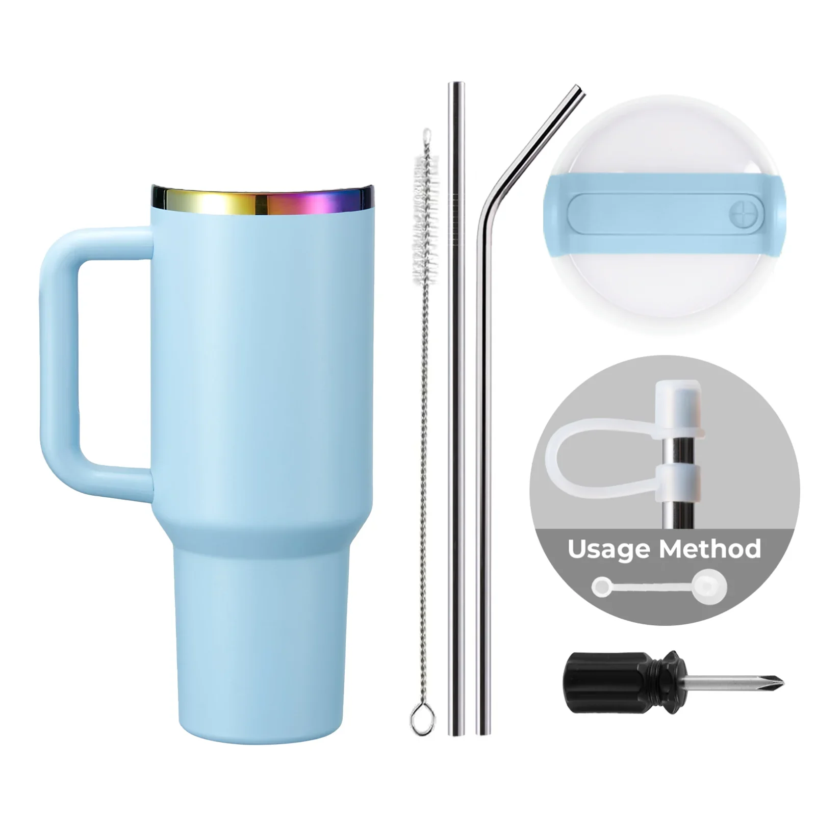 Pastel Blue to Iridescent Stainless Steel Tumbler with Removable Handle (40oz) - Image 3