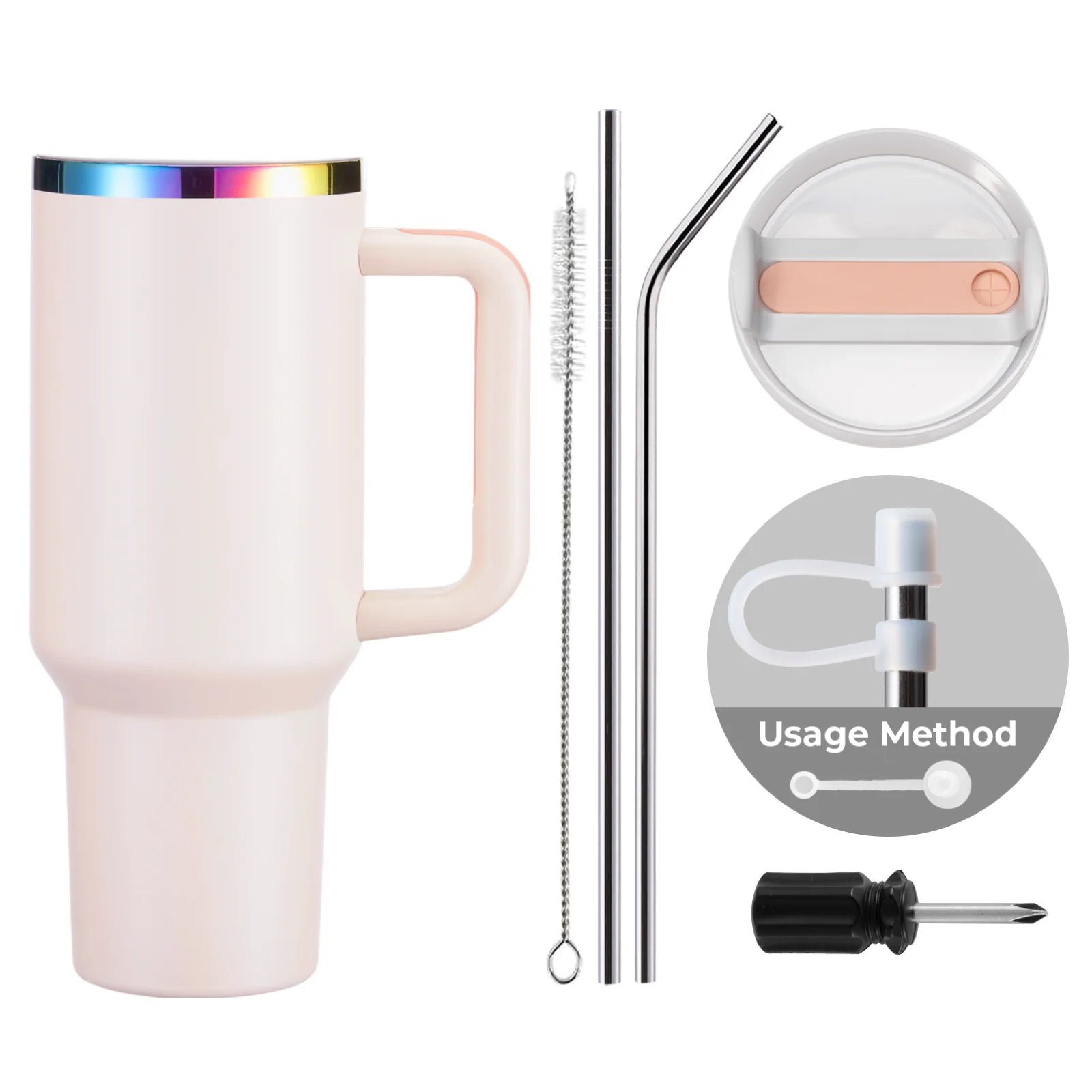 Pink To Iridescent Stainless Steel Tumbler with Removable Handle (40oz) - Image 3