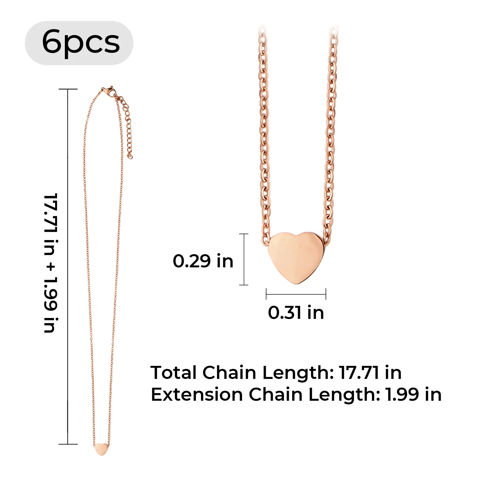Rose Gold Stainless Steel Heart Necklace (6pcs) - Image 3