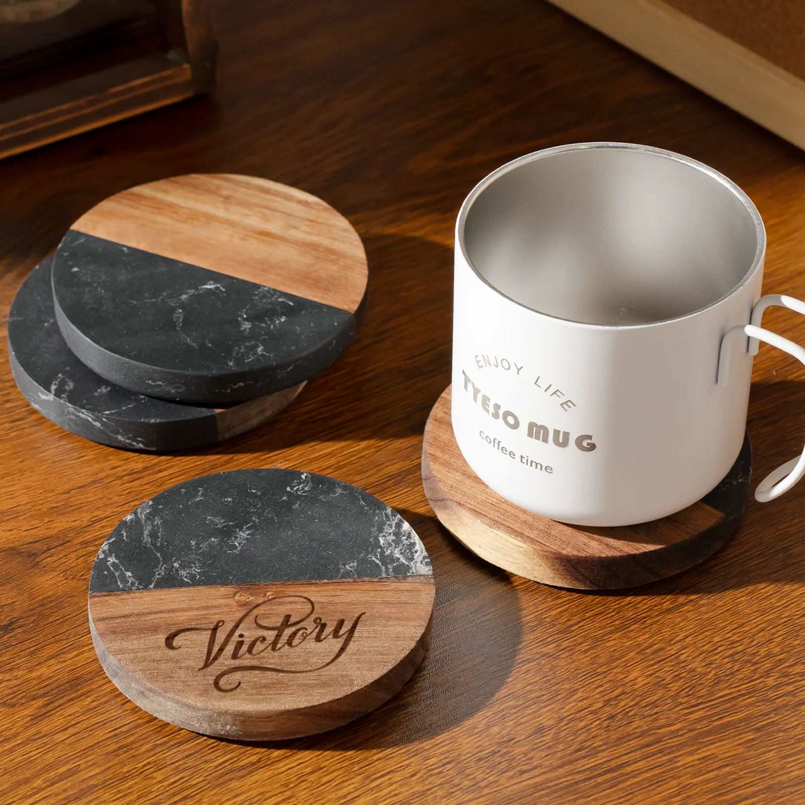 Round Black Marble and Wood Coasters (4pcs) - Image 2