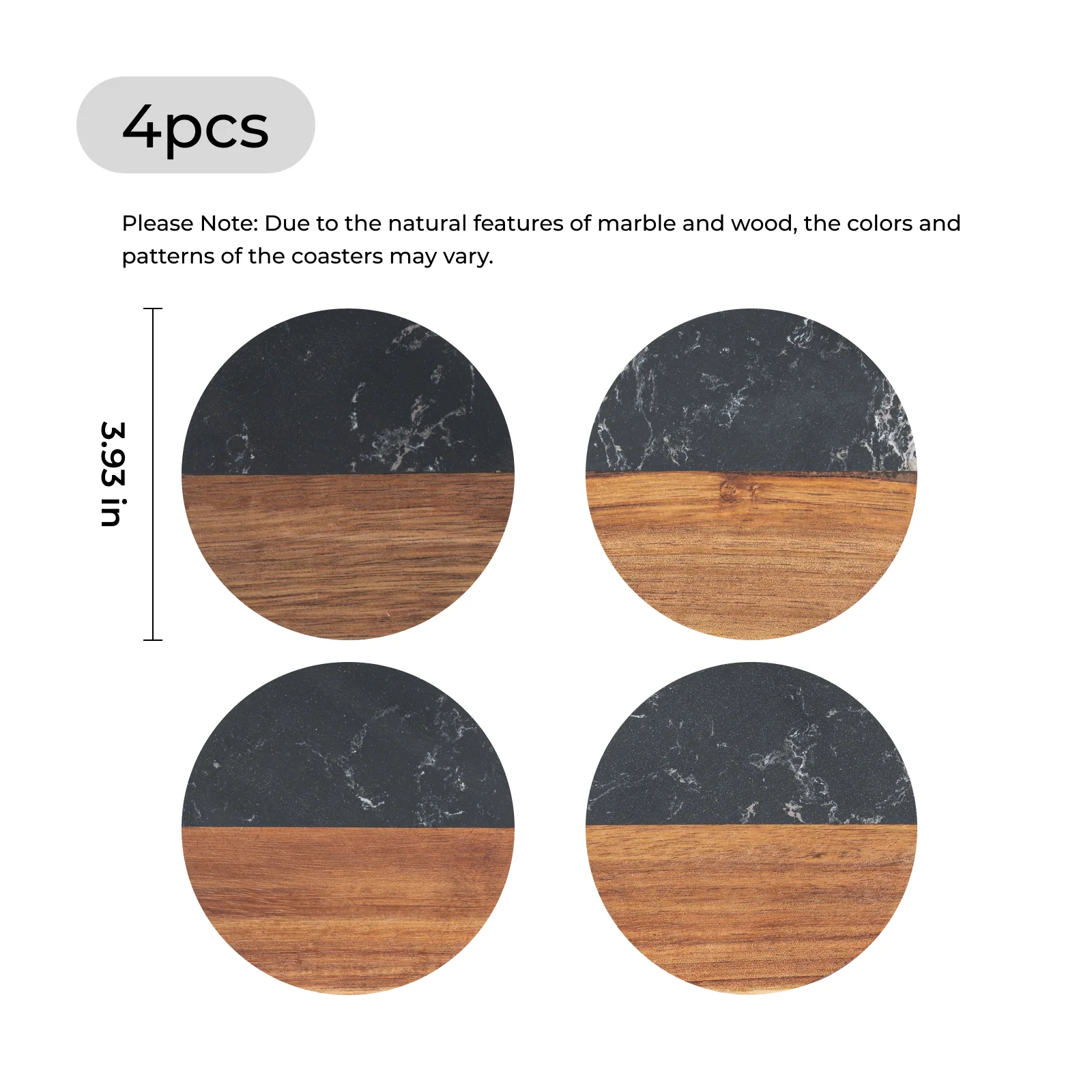 Round Black Marble and Wood Coasters (4pcs) - Image 3
