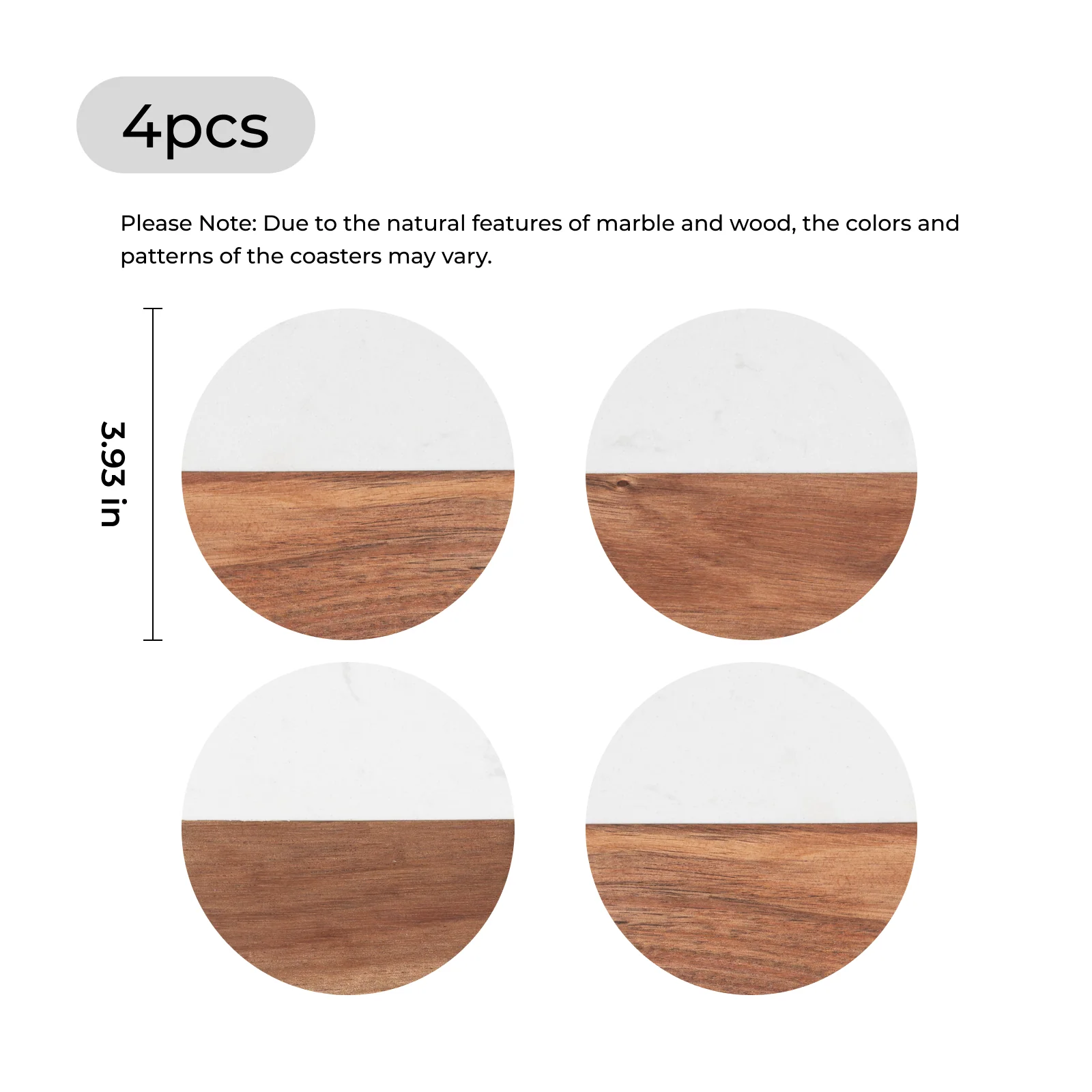 Round White Marble and Wood Coasters (4pcs) - Image 3