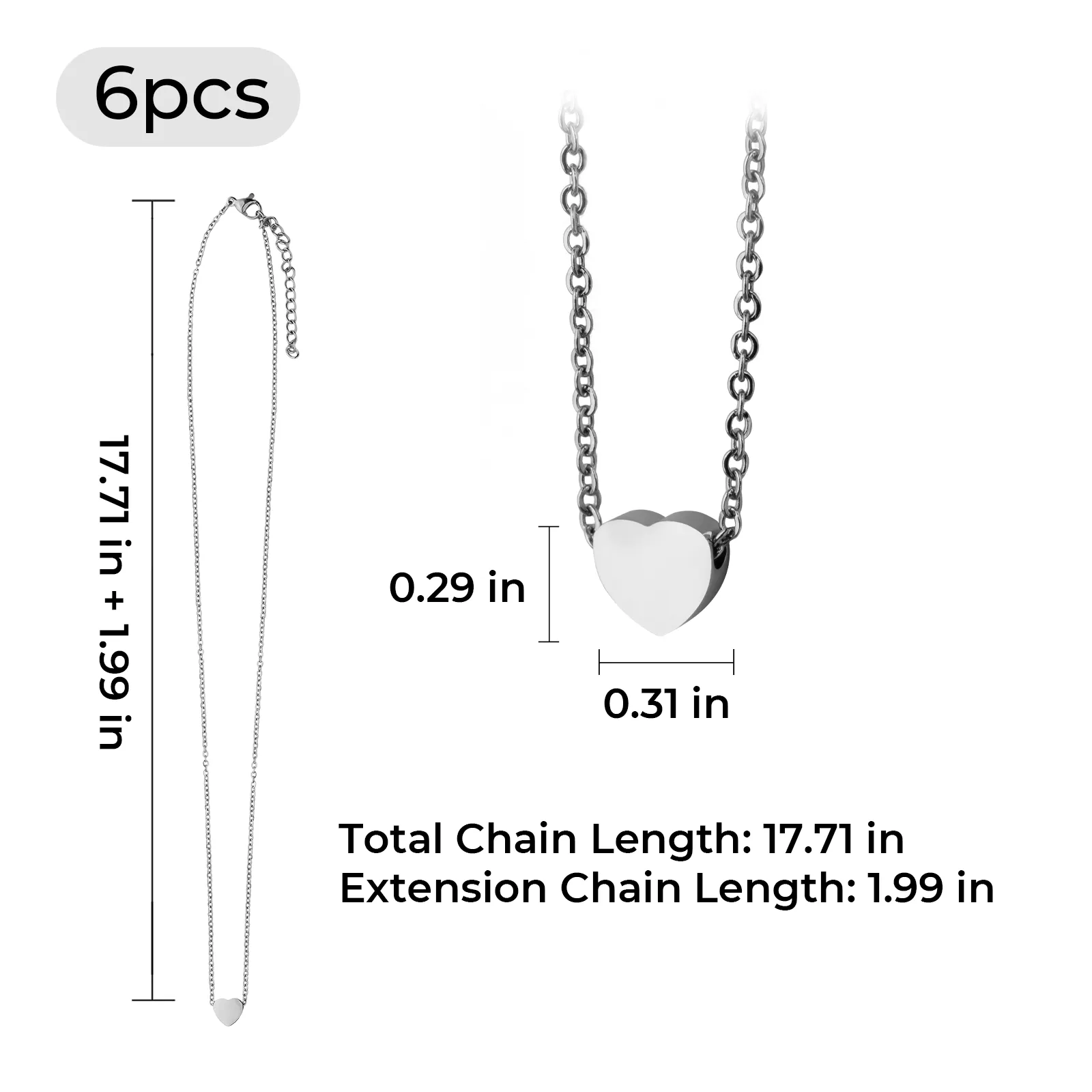 Silver Stainless Steel Heart Necklace (6pcs) - Image 3