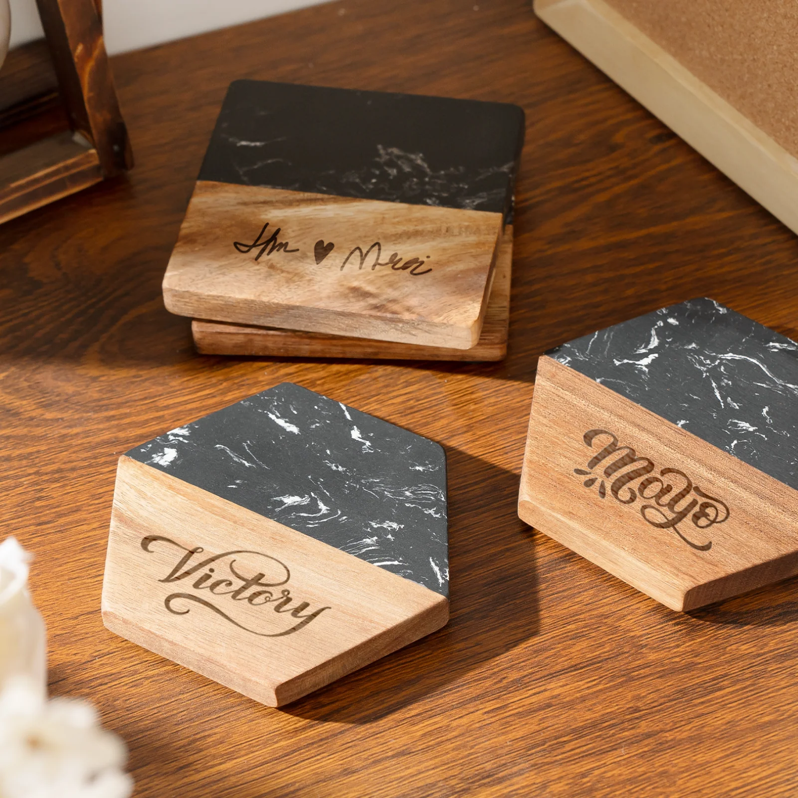 Square Black Marble and Wood Coasters (4pcs) - Image 2