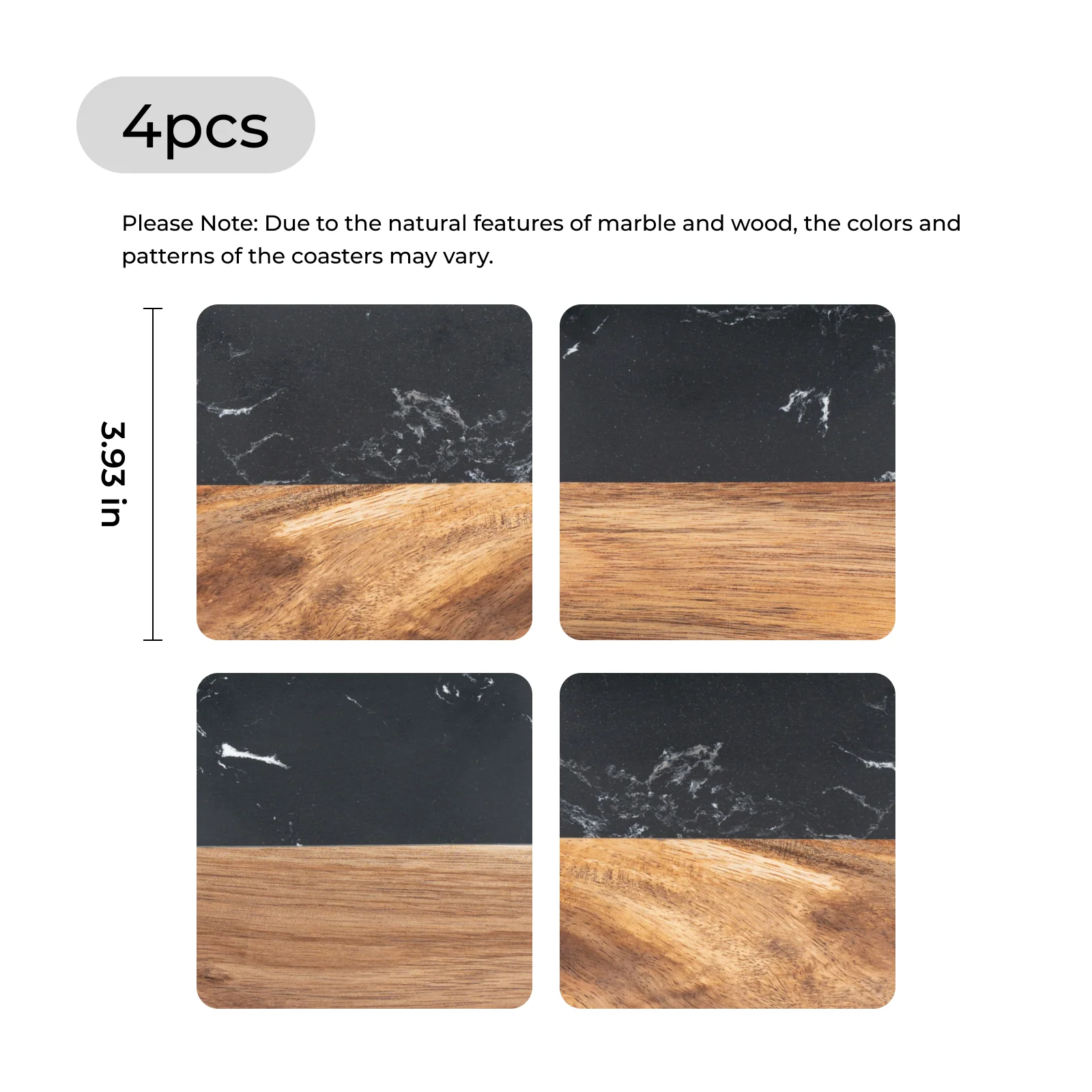 Square Black Marble and Wood Coasters (4pcs) - Image 3