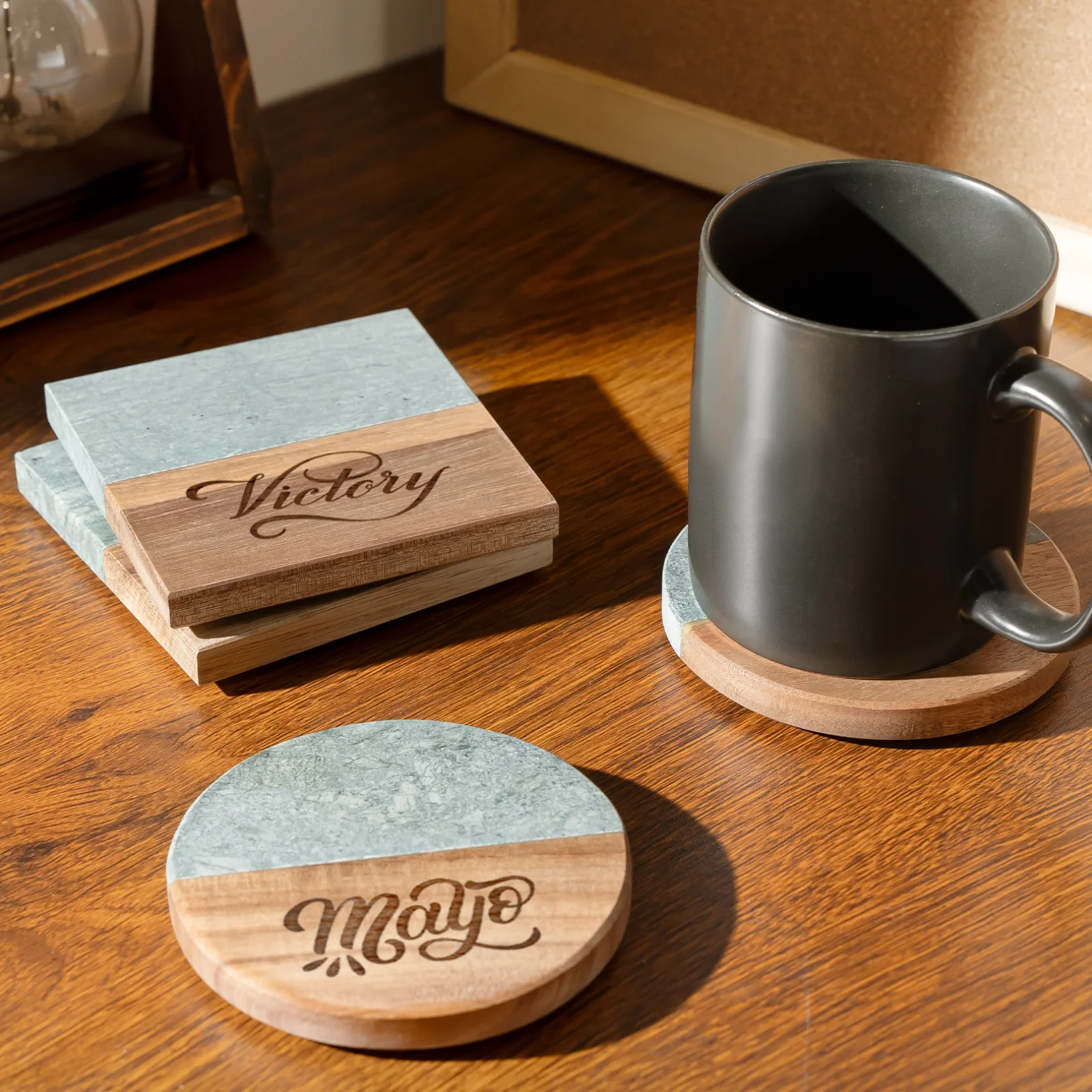 Square Dark Green Marble and Wood Coasters (4pcs) - Image 2