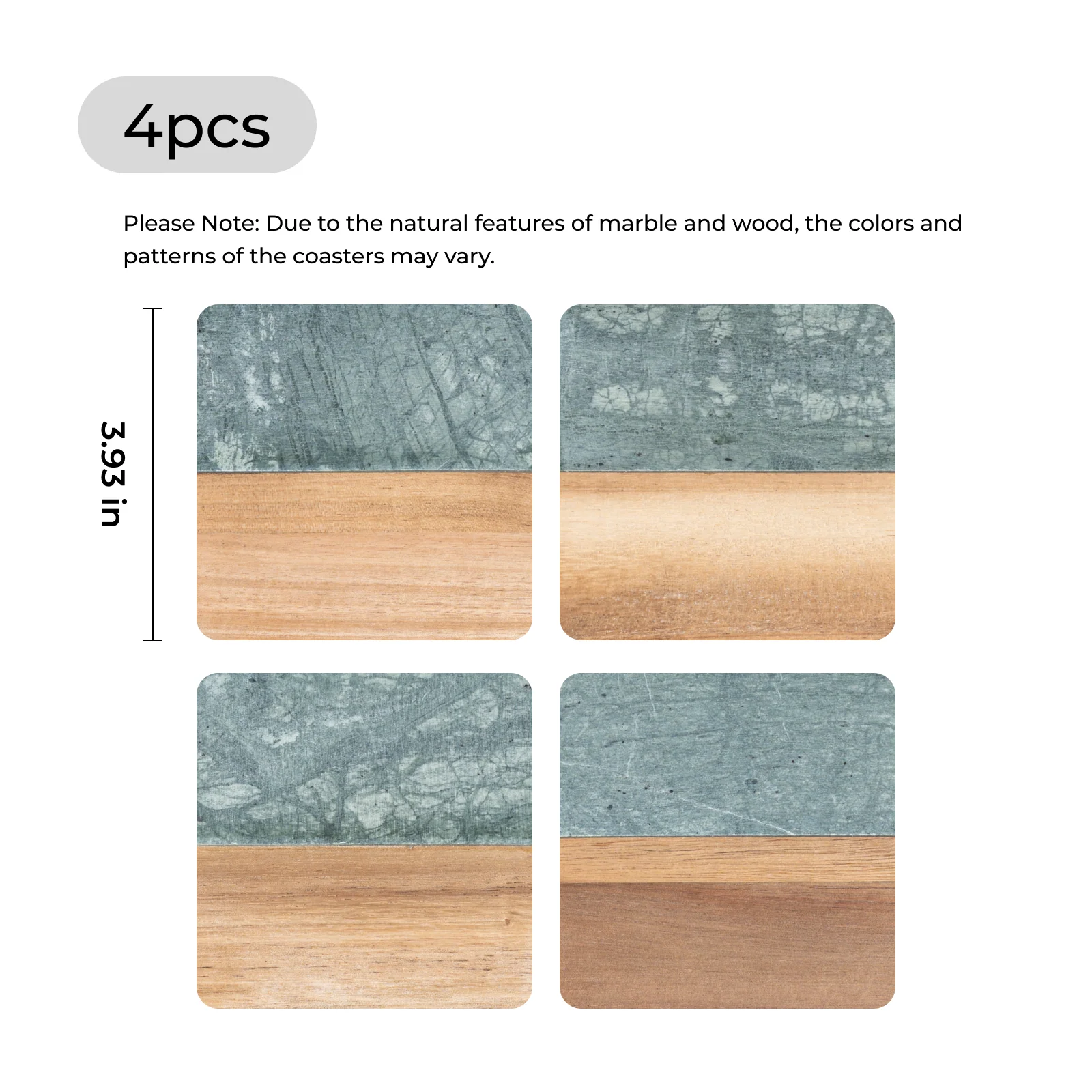 Square Dark Green Marble and Wood Coasters (4pcs) - Image 3