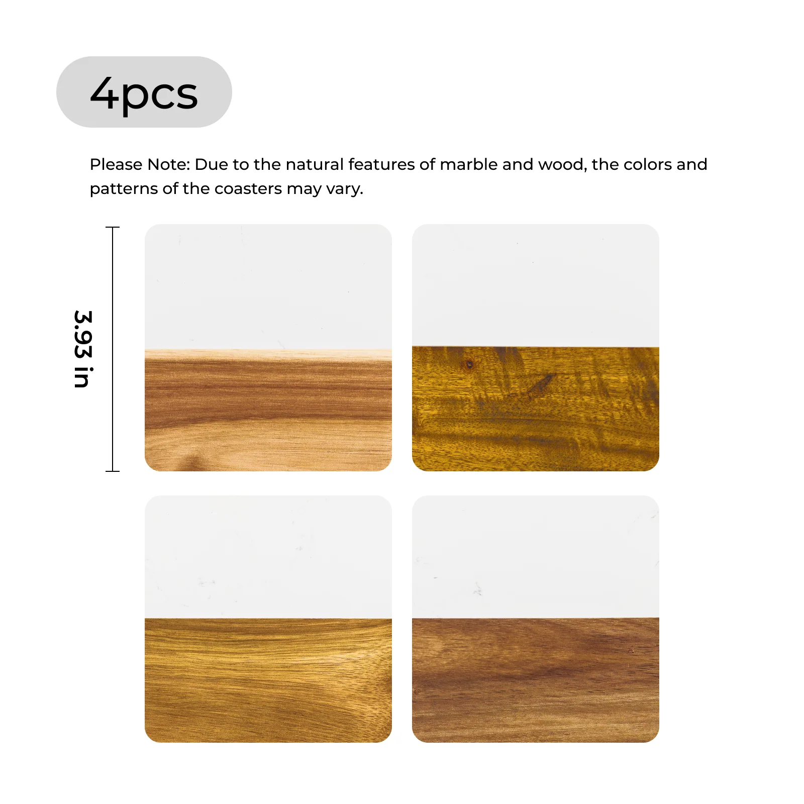 Square White Marble and Wood Coasters (4pcs) - Image 2