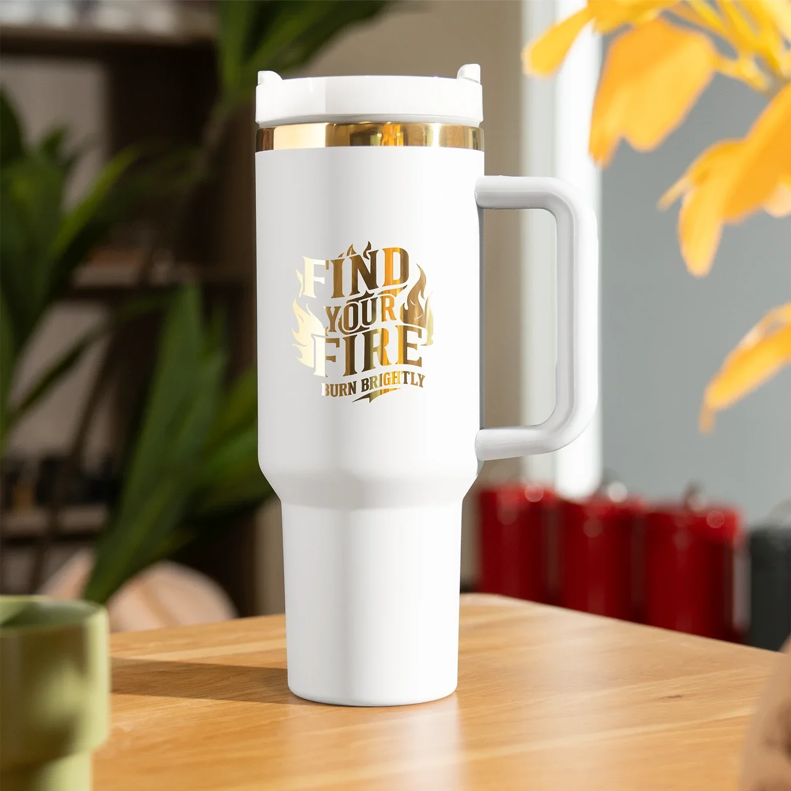 White to Gold Stainless Steel Tumbler with Removable Handle (40oz) - Image 2