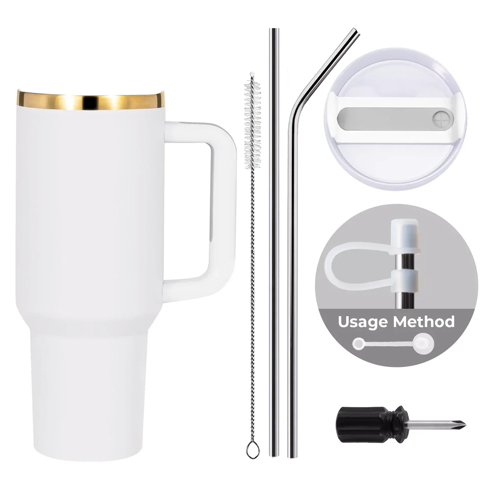 White to Gold Stainless Steel Tumbler with Removable Handle (40oz) - Image 3