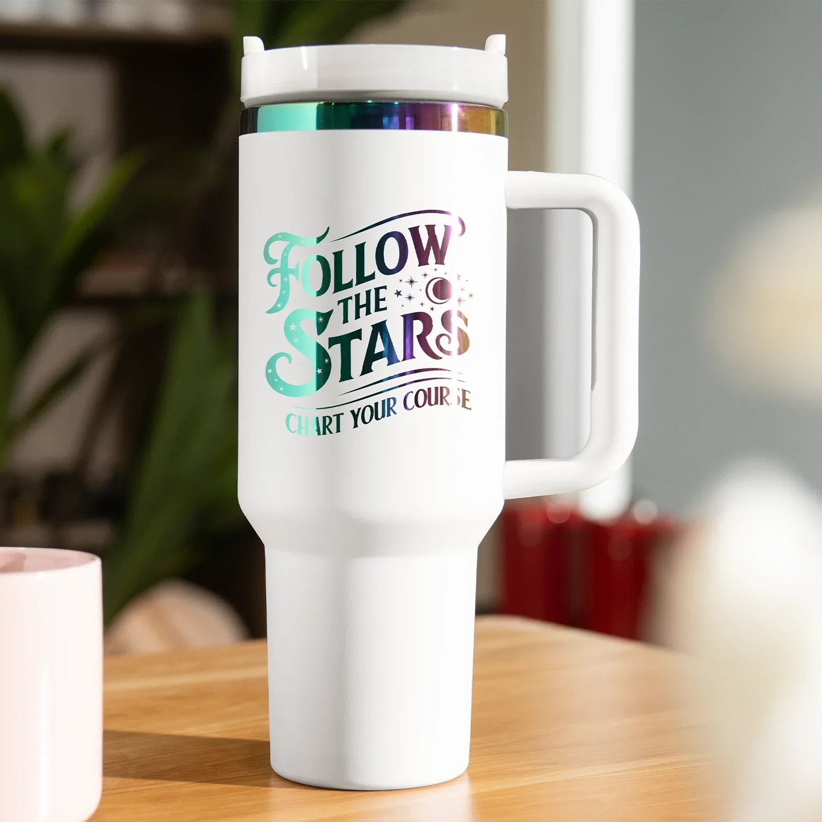 White to Iridescent Stainless Steel Tumbler with Removable Handle (40oz) - Image 2