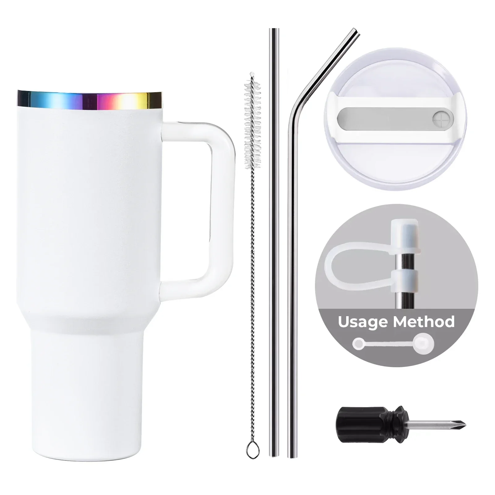 White to Iridescent Stainless Steel Tumbler with Removable Handle (40oz) - Image 3