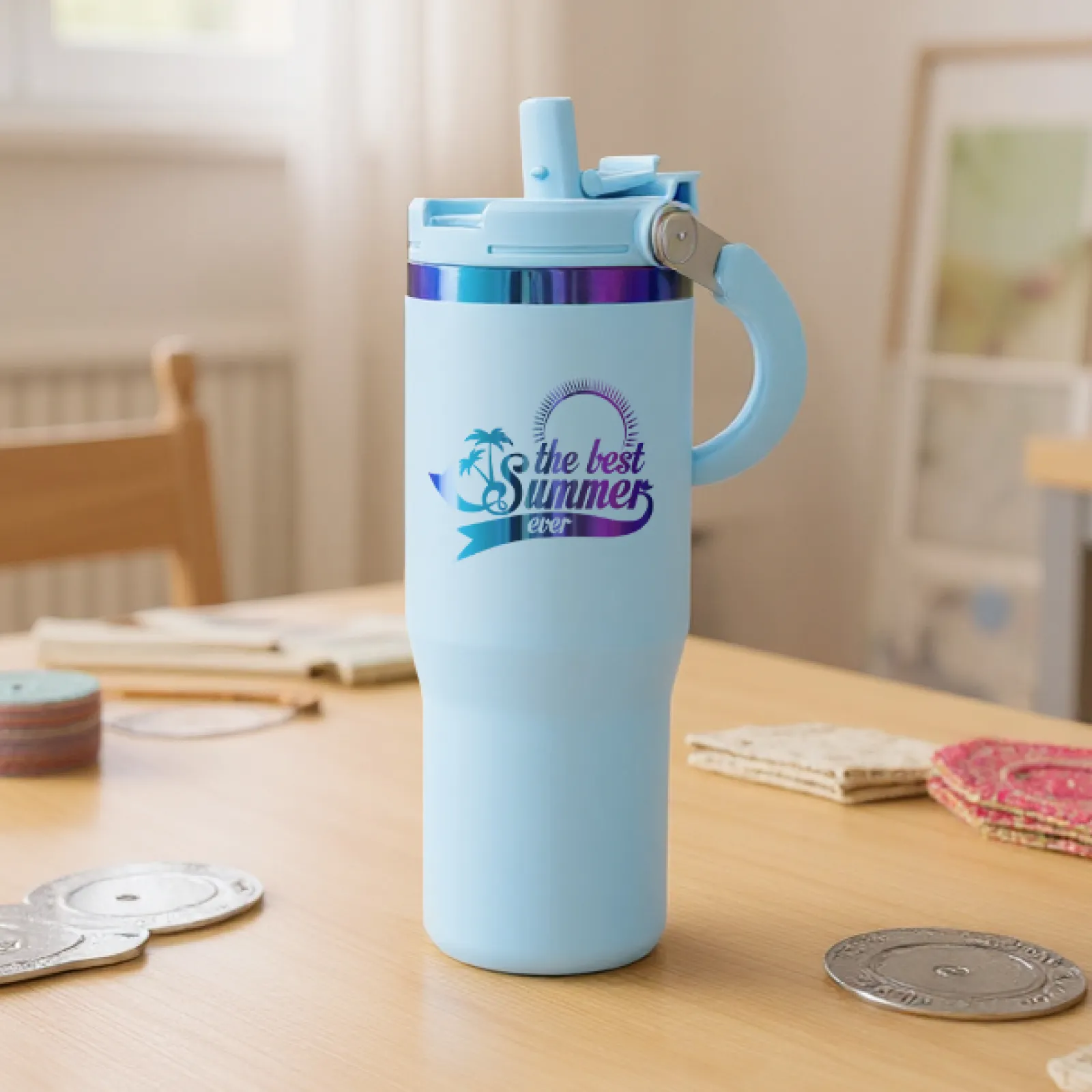 Pastel Blue to Iridescent Stainless Steel Tumbler with Handle and Straw (0,89 L) - Image 2