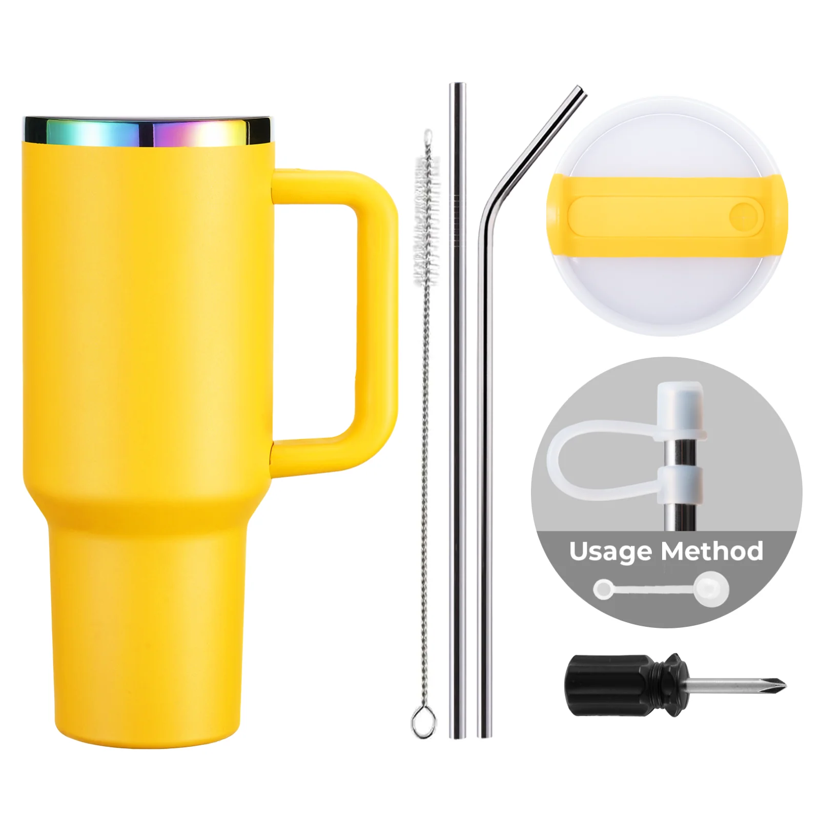 Yellow To Iridescent Stainless Steel Tumbler with Removable Handle (40oz) - Image 3